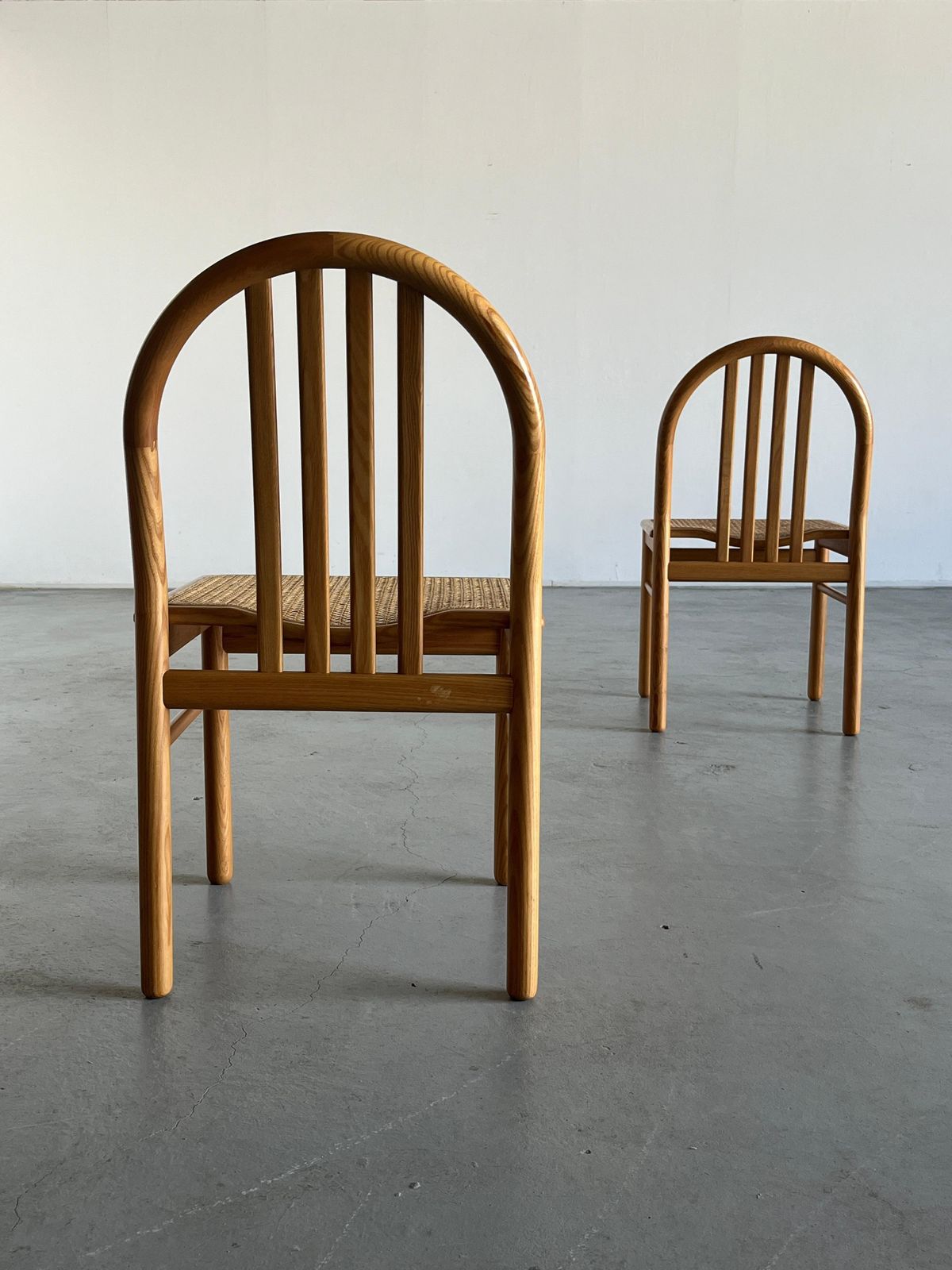 Pair Of Vintage Mid Century Dining Chairs In Lacquered Wood And Cane, Italy 80s photo buy