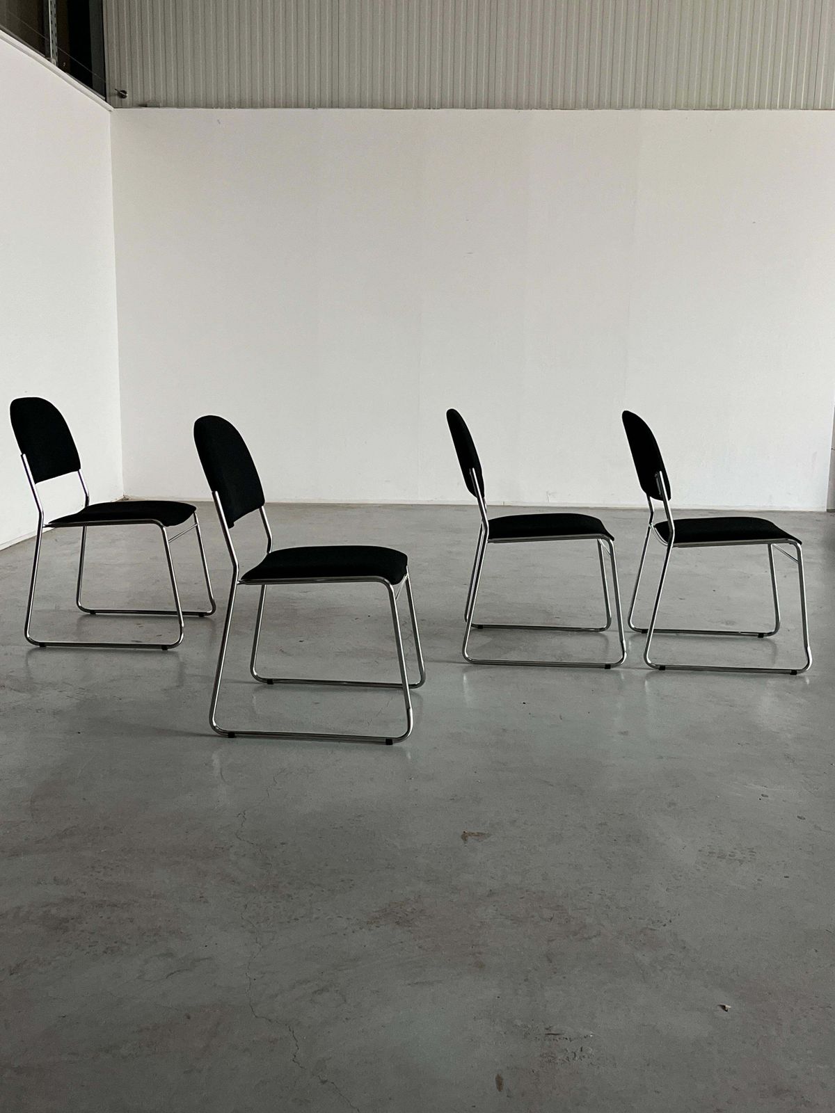 Set Of 4 Minimalist Dining Chairs In Black Fabric And Chromed Steel, Stackable photo 665.0