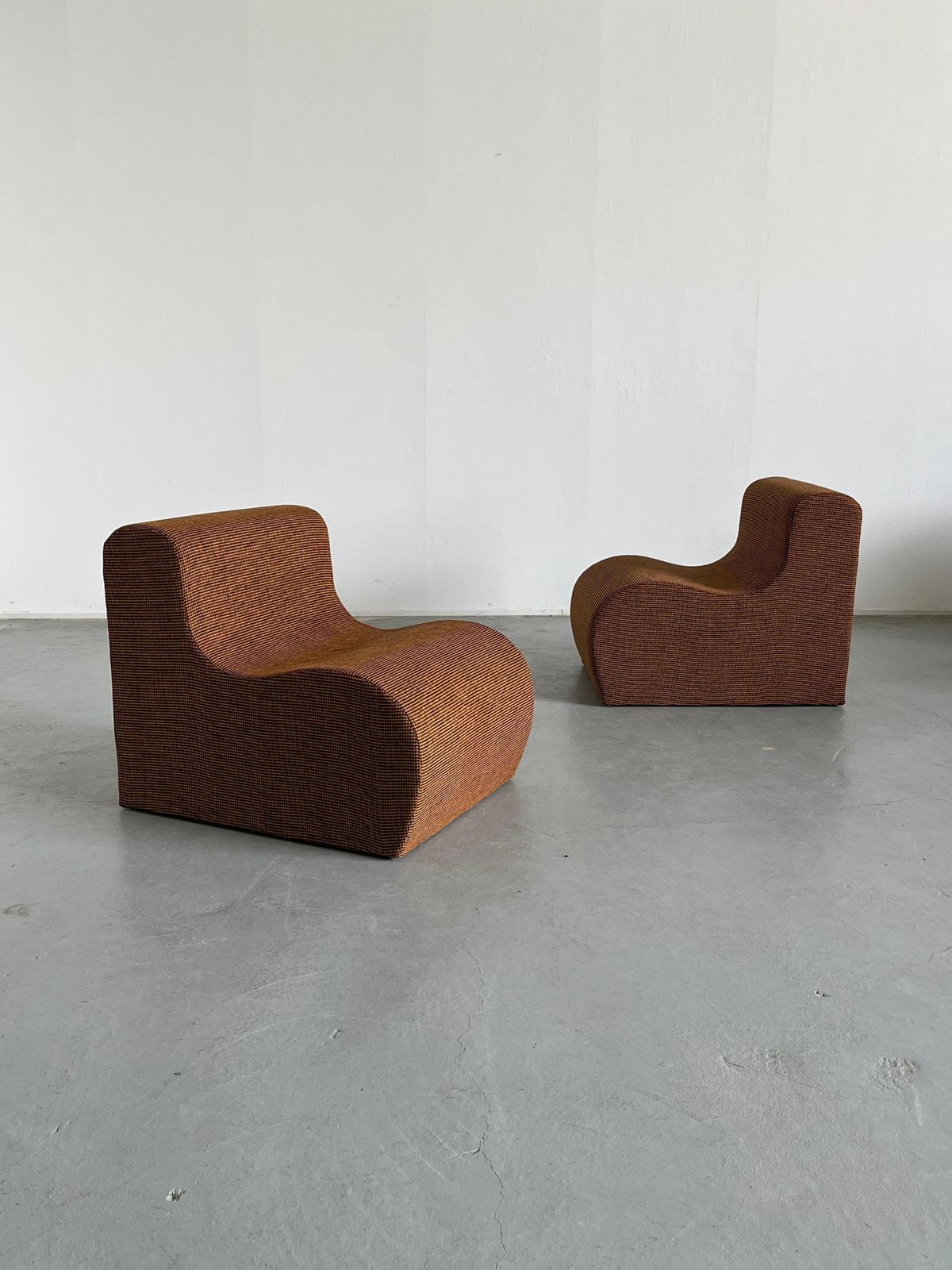Pair Of Vintage Italian Mid Century Lounge Chairs In Checkered Fabric, 70s Italy photo furniture
