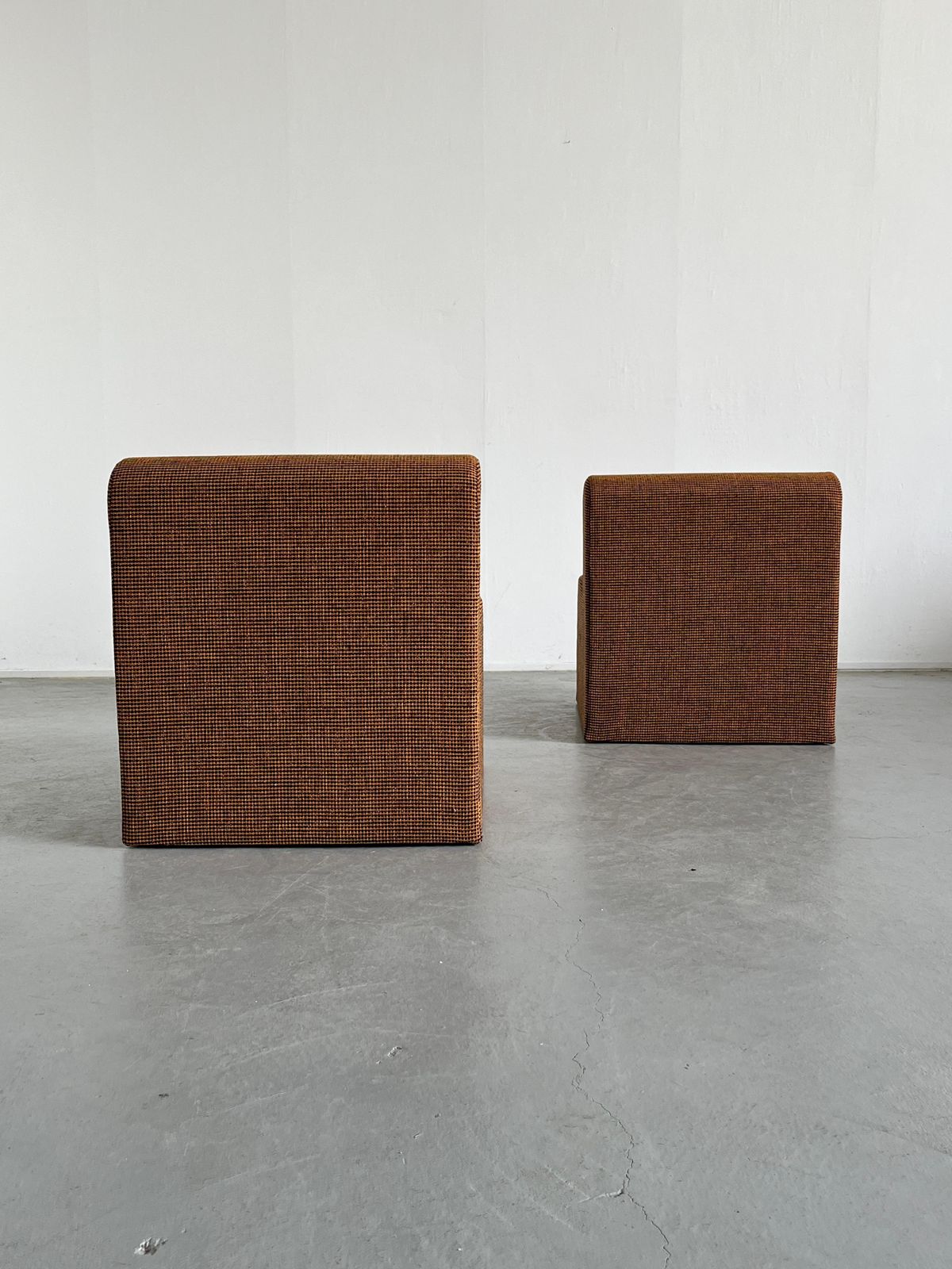 Pair Of Vintage Italian Mid Century Lounge Chairs In Checkered Fabric, 70s Italy photo vintage