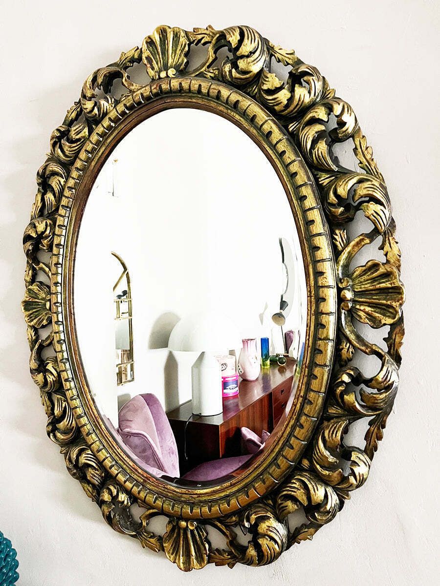 Oval Wood Mirror Gold Leaf Hand Carved Baroque Italian 20th Century  Antiques
