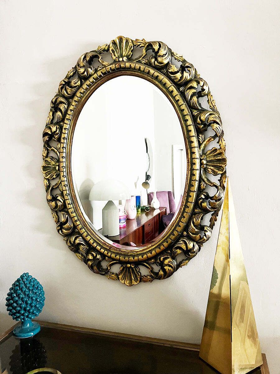 Oval Wood Mirror Gold Leaf Hand Carved Baroque Italian 20th Century  Antiques photo for sale