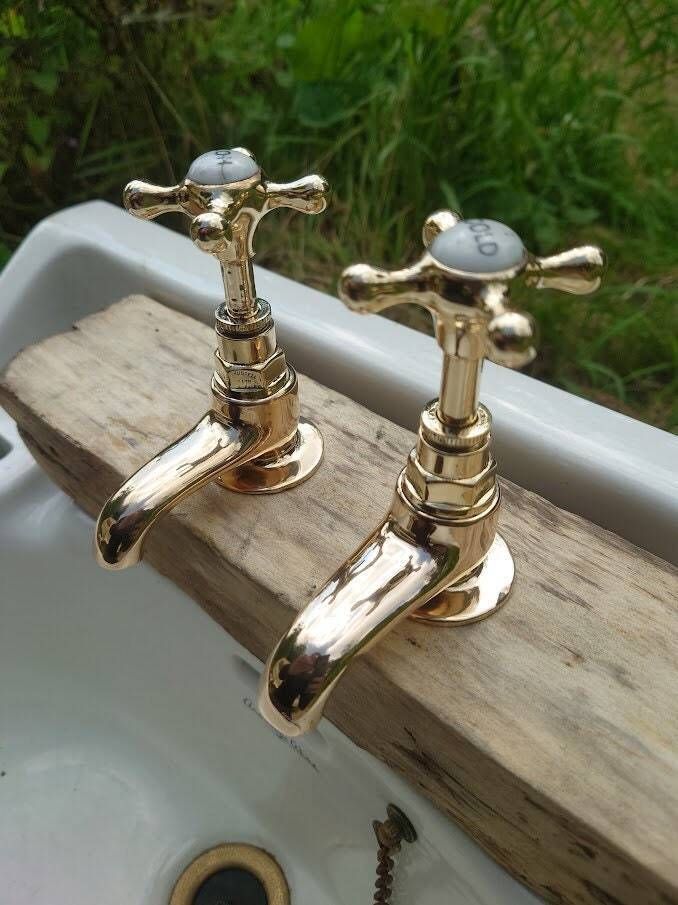 Vintage Brass Basin Taps, Polished Brass, Overhauled And Ready To Fit, Brass Bathroom Faucets photo for sale