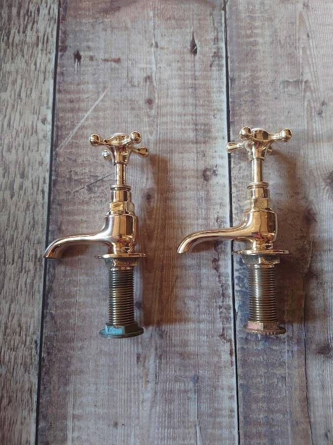 Vintage Brass Basin Taps, Polished Brass, Overhauled And Ready To Fit, Brass Bathroom Faucets photo vinterior
