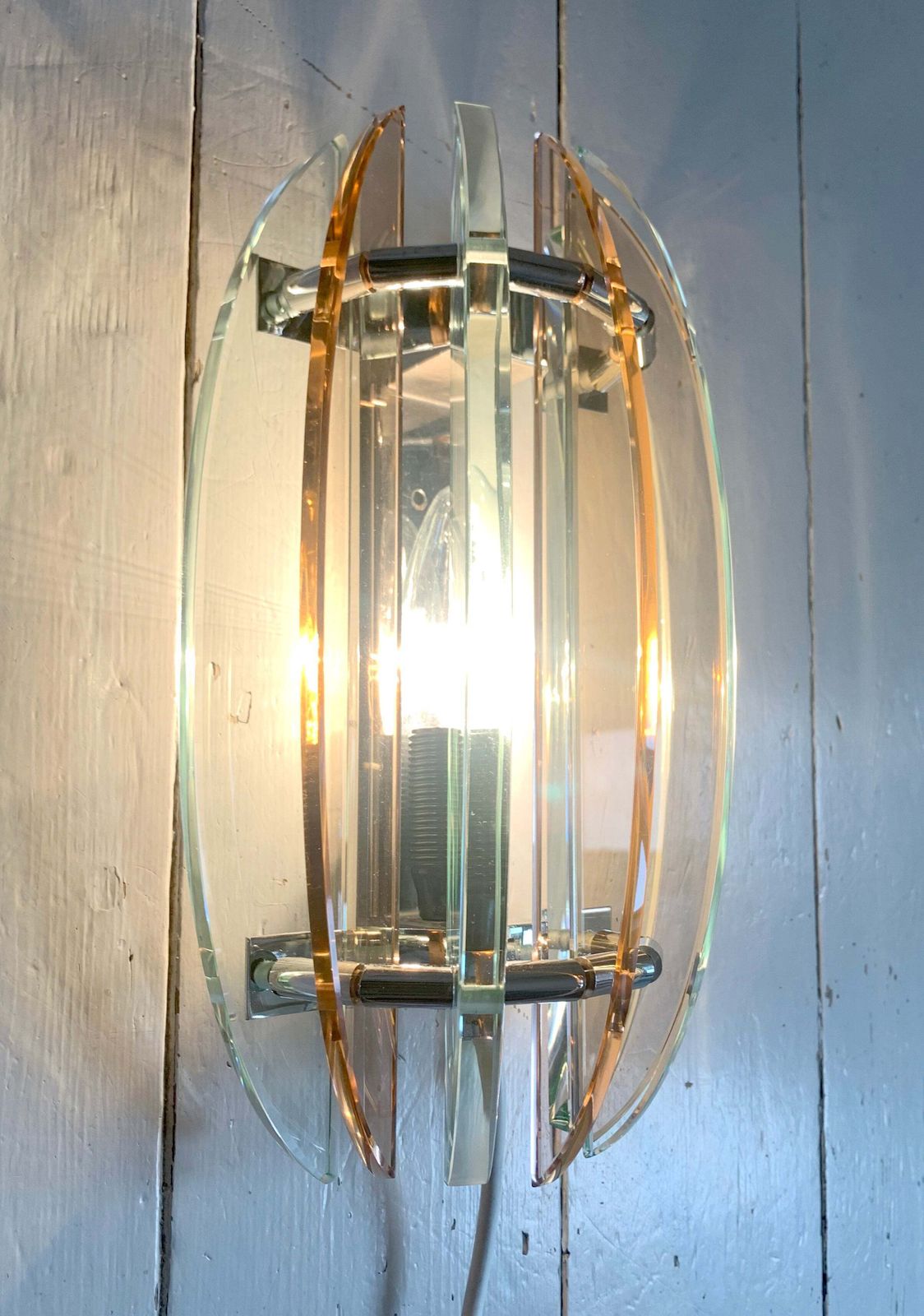 Pair Of Vintage 1970s Italian Veca Wall Sconces / Lights Pale Orange & Green photo Lighting