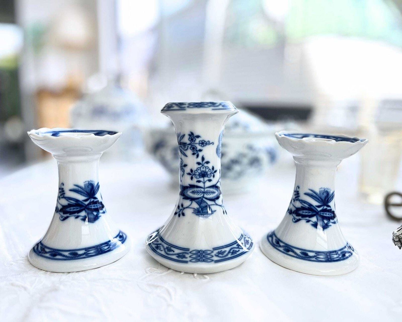 Blue Onion Candleholders | 3pcs | Blue And White Porcelain | Czechoslovakia photo furniture