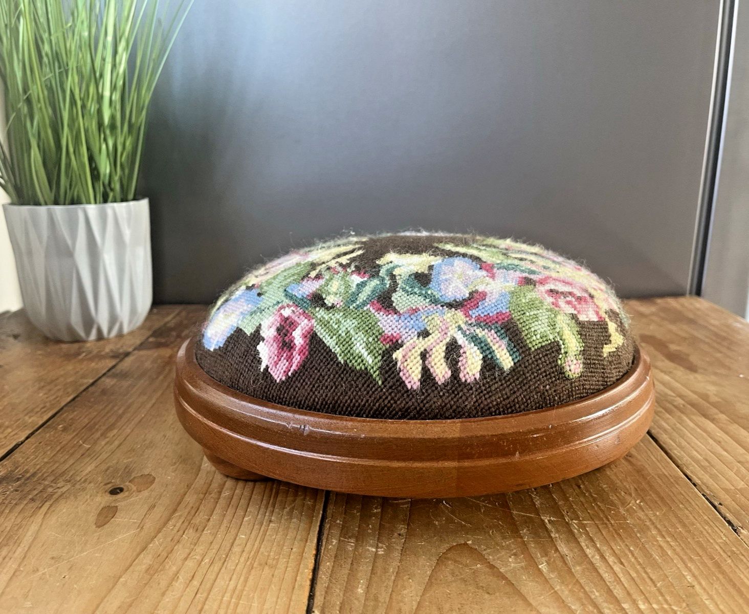 Antique Floral Tapestry Needlepoint Low Bun Foot Stool Old English Country House photo Furniture