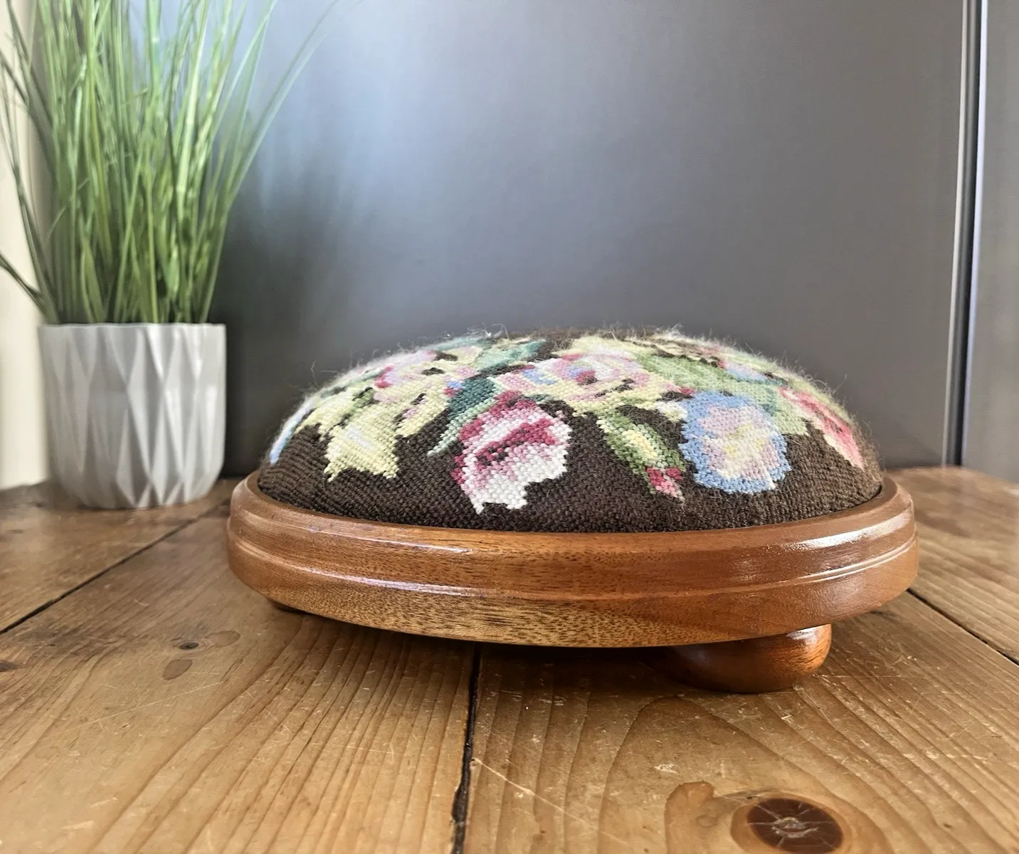 Antique Floral Tapestry Needlepoint Low Bun Foot Stool Old English Country House photo buy