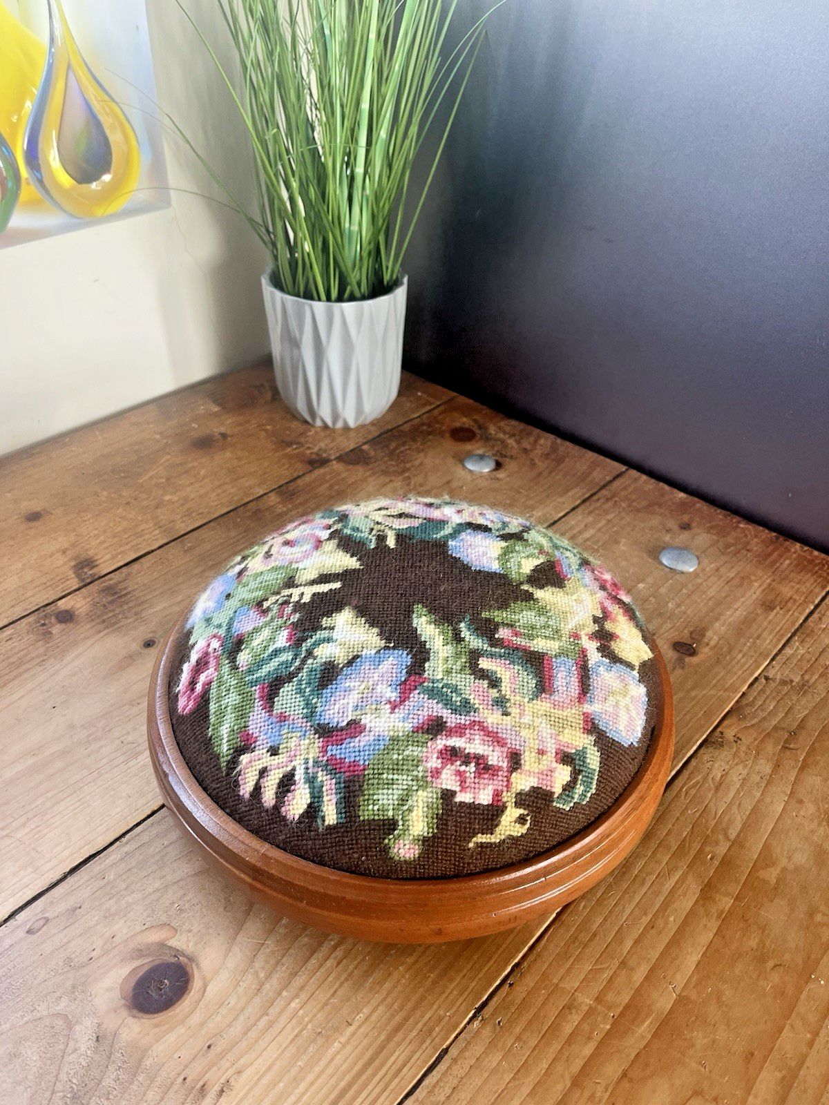Antique Floral Tapestry Needlepoint Low Bun Foot Stool Old English Country House photo vintage