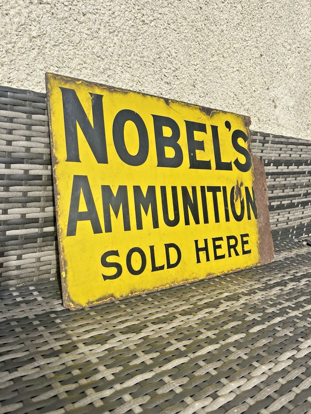 photo furniture Antique Nobel's Ammunition Here Metal Enamel Shotgun Ammo Cartridges Sign