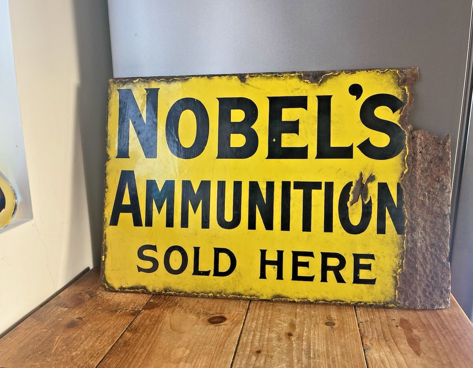 Home Decor Antique Nobel's Ammunition Here Metal Enamel Shotgun Ammo Cartridges Sign photo