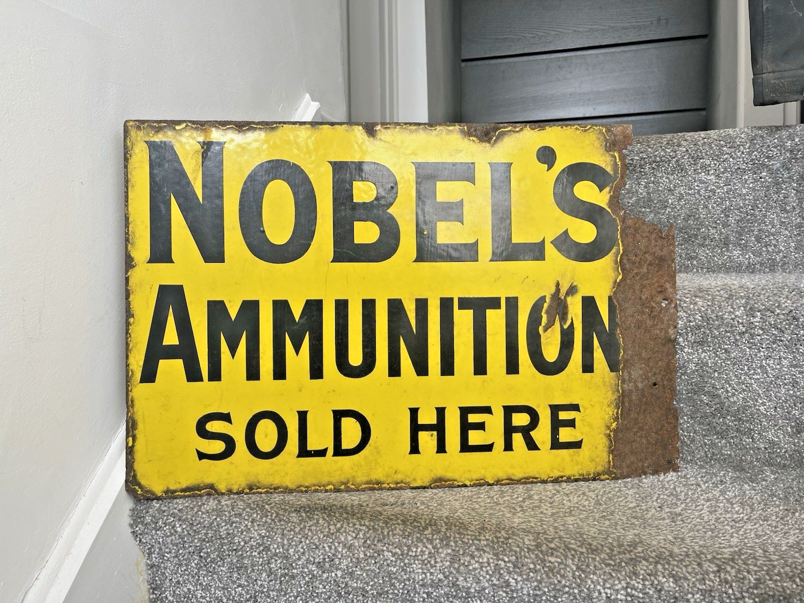 695.0 Antique Nobel's Ammunition Here Metal Enamel Shotgun Ammo Cartridges Sign photo