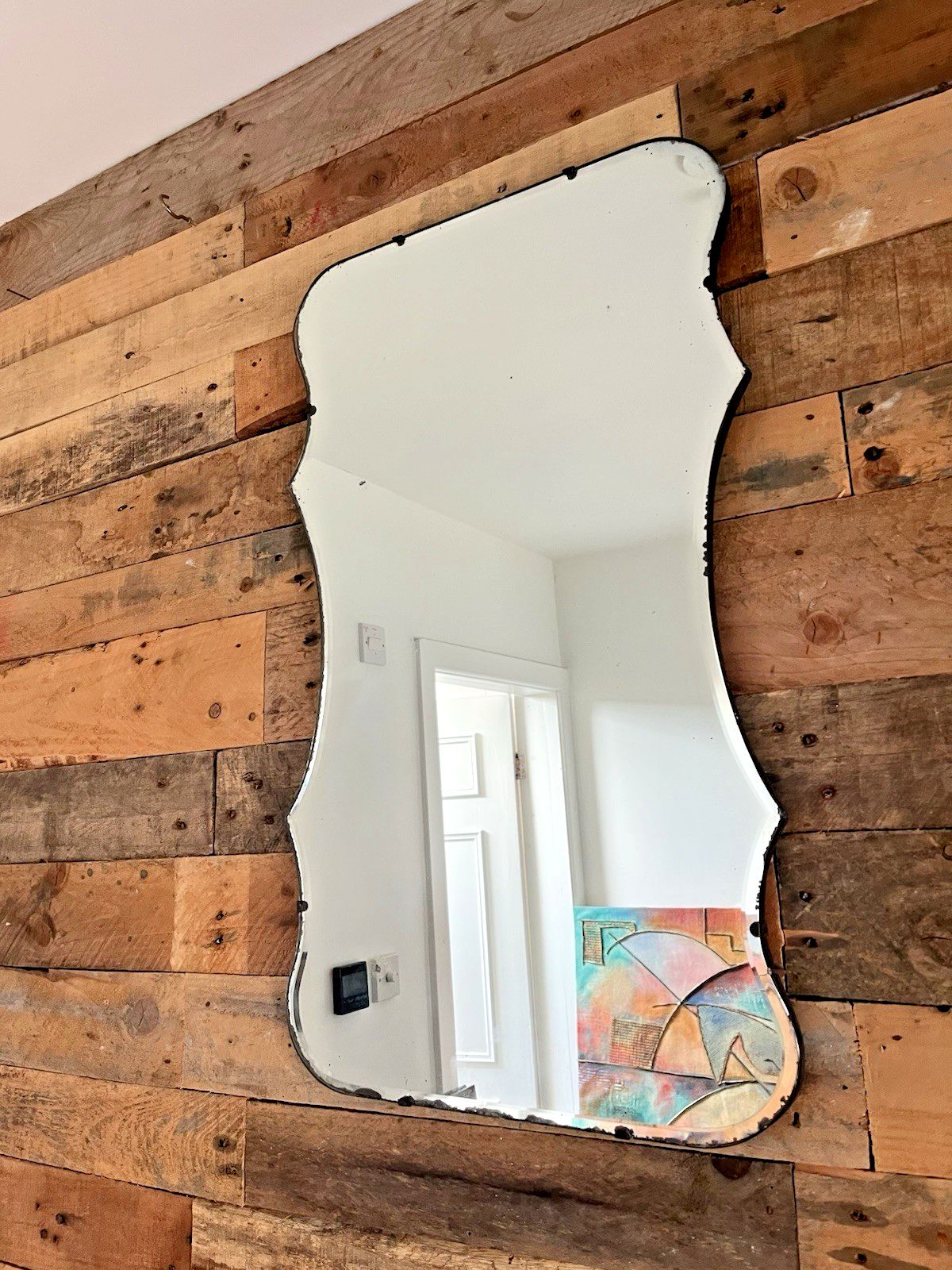 Lovely Large Antique Art Deco Wavy Edge Bevelled Wall Hall Mirror Over Mantel photo furniture