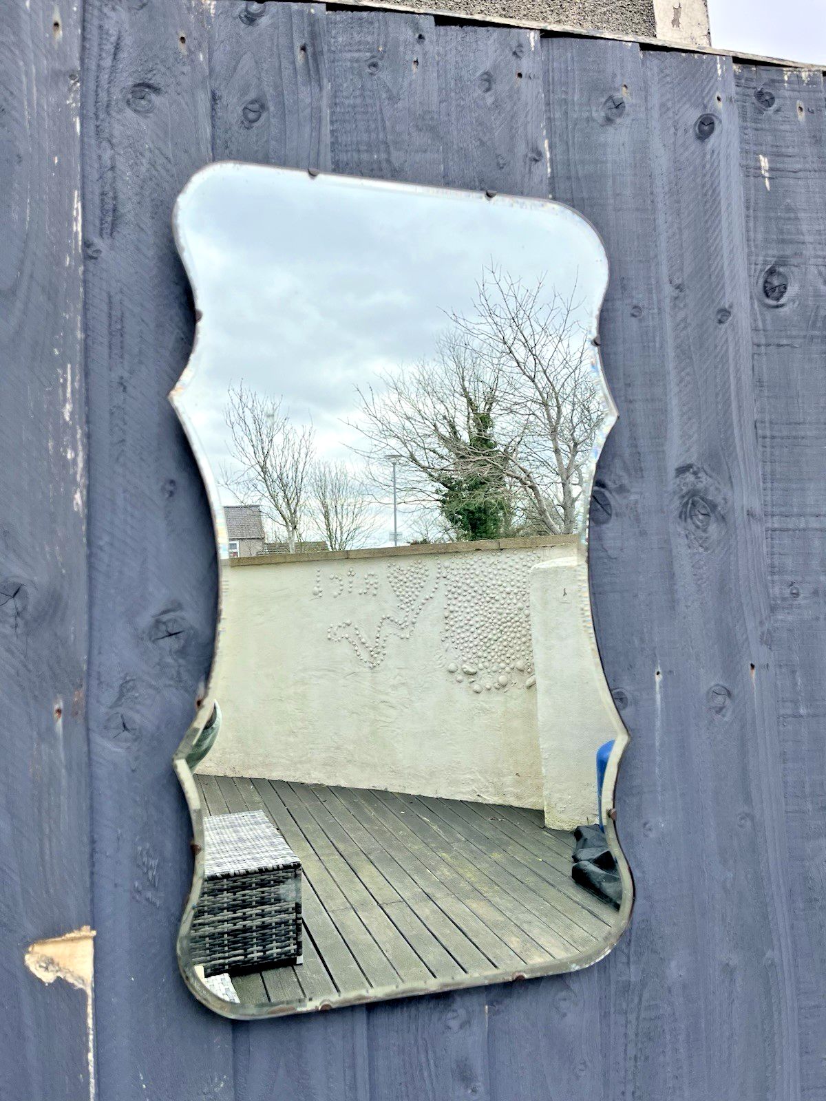 Lovely Large Antique Art Deco Wavy Edge Bevelled Wall Hall Mirror Over Mantel photo vintage