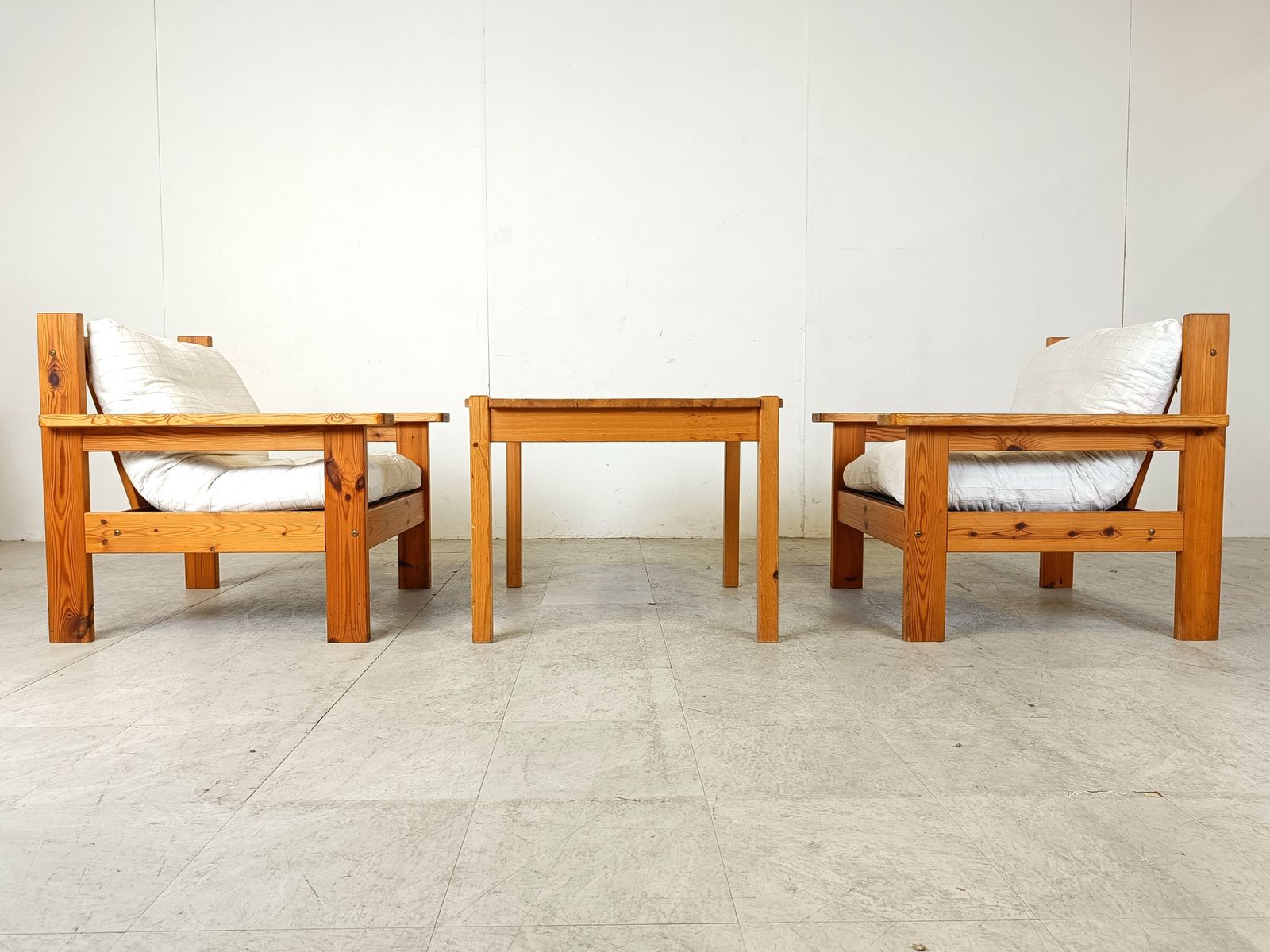 Set Of 4 Vintage Armchairs With Foot Stools, Pine Wood, Denmark 1980s photo Furniture