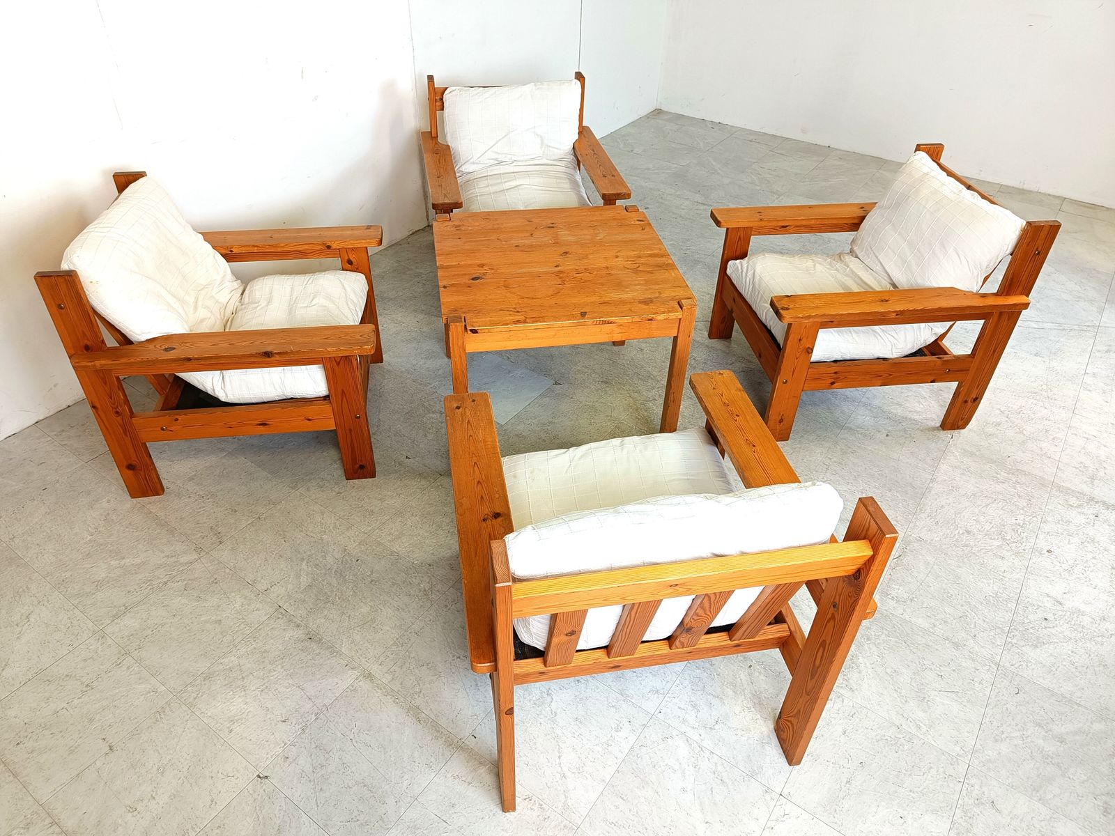 Set Of 4 Vintage Armchairs With Foot Stools, Pine Wood, Denmark 1980s photo buy