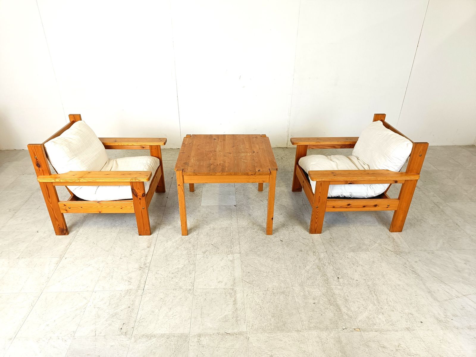 Set Of 4 Vintage Armchairs With Foot Stools, Pine Wood, Denmark 1980s photo vintage