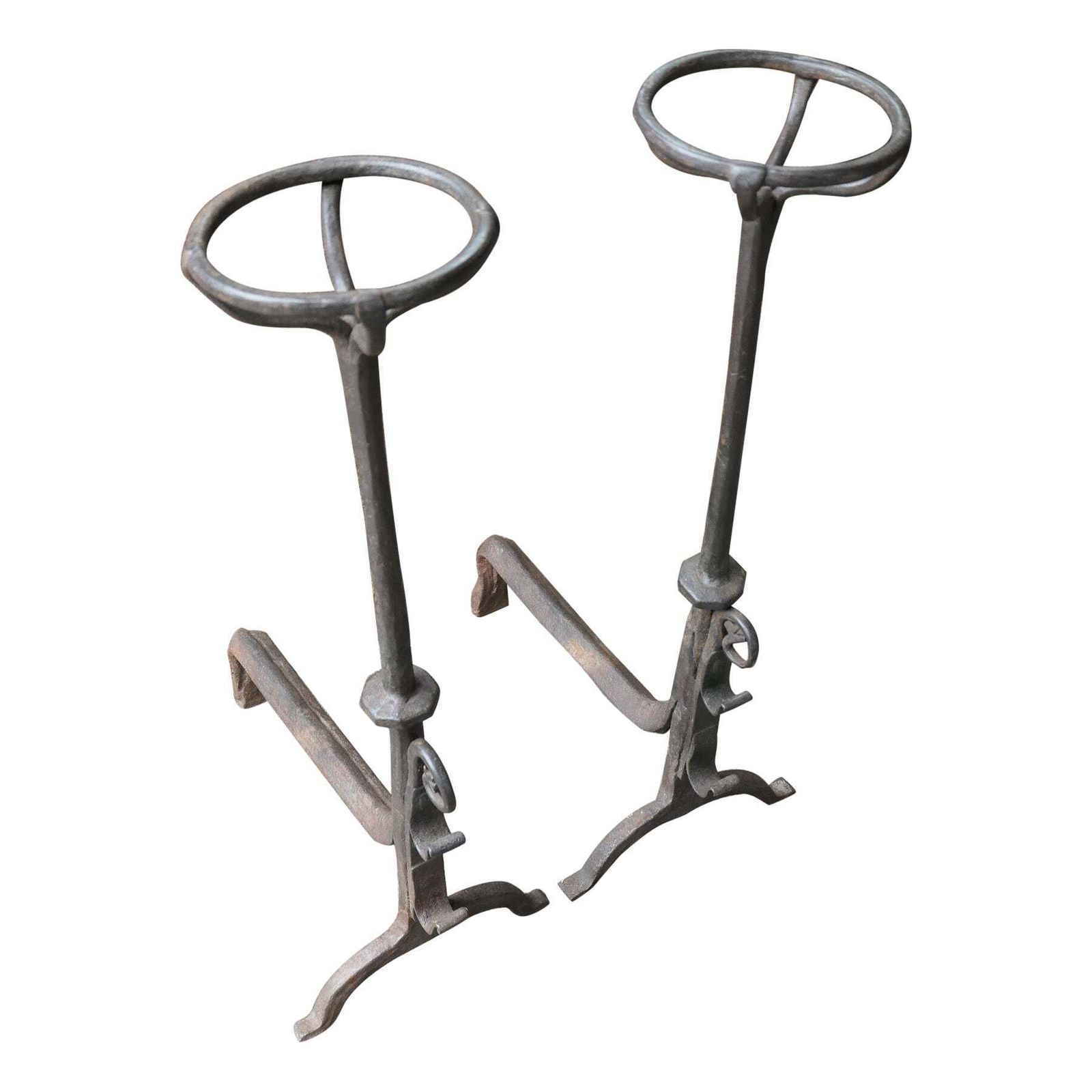 Large French 17th Century Gothic Andirons Or Landiers With Wolf Head
