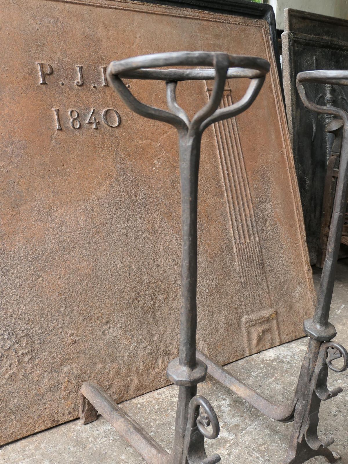 photo for sale Large French 17th Century Gothic Andirons Or Landiers With Wolf Head