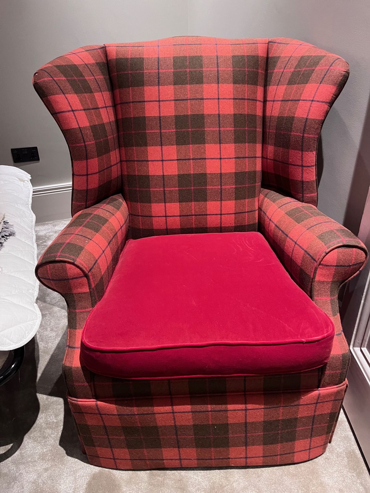 Extra Tall Back Wing Back Armchair Wool Check With Paprika Velvet Seat Queen Anne Style photo for sale