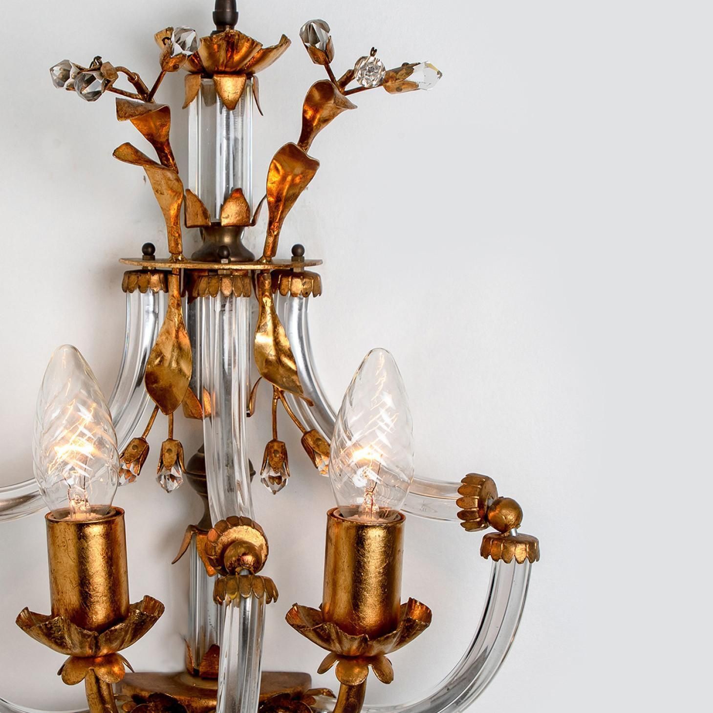 Pair Of Crystal Glass Gilt Brass Wall Lights By Palwa, 1960s photo vinterior
