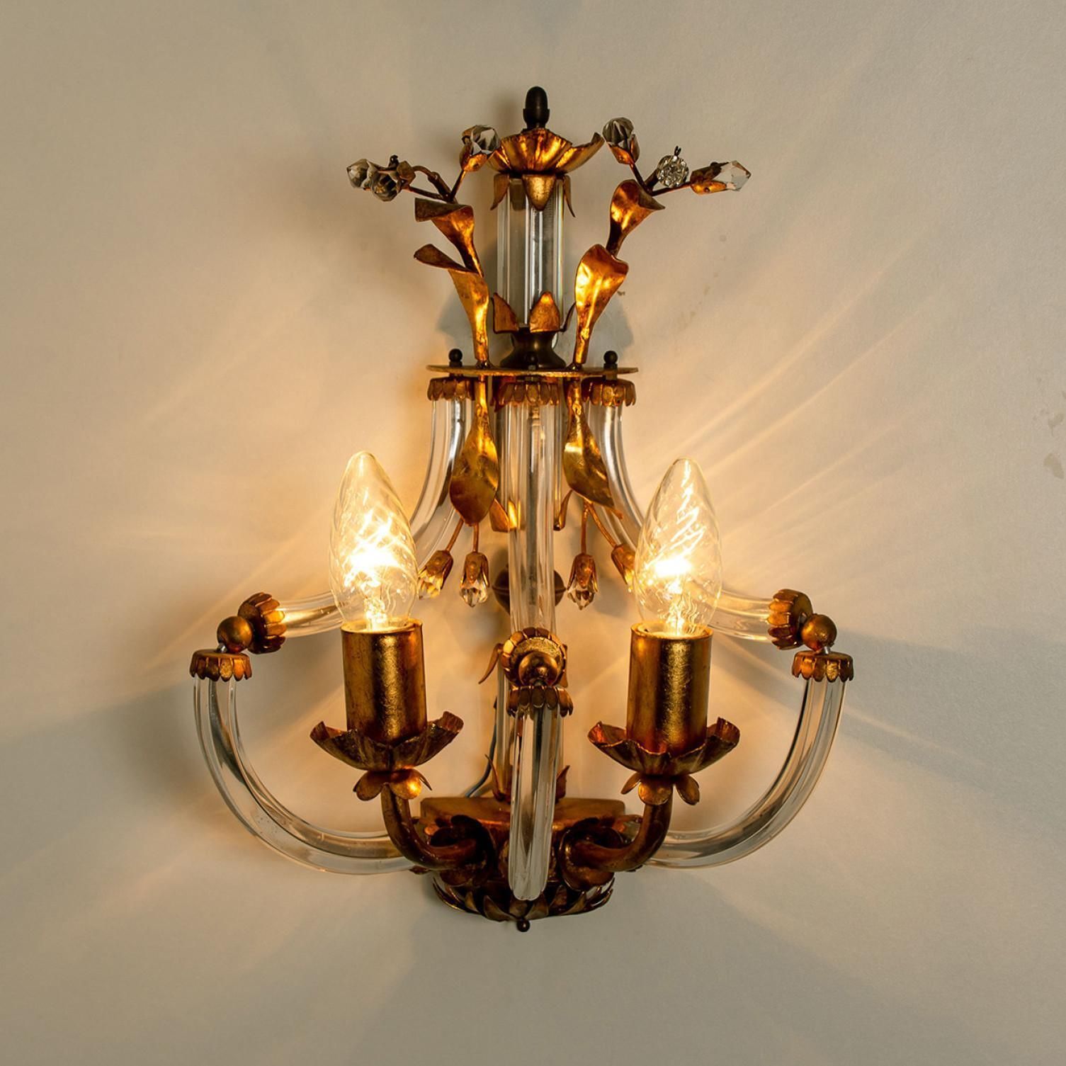 1695.0 Pair Of Crystal Glass Gilt Brass Wall Lights By Palwa, 1960s photo