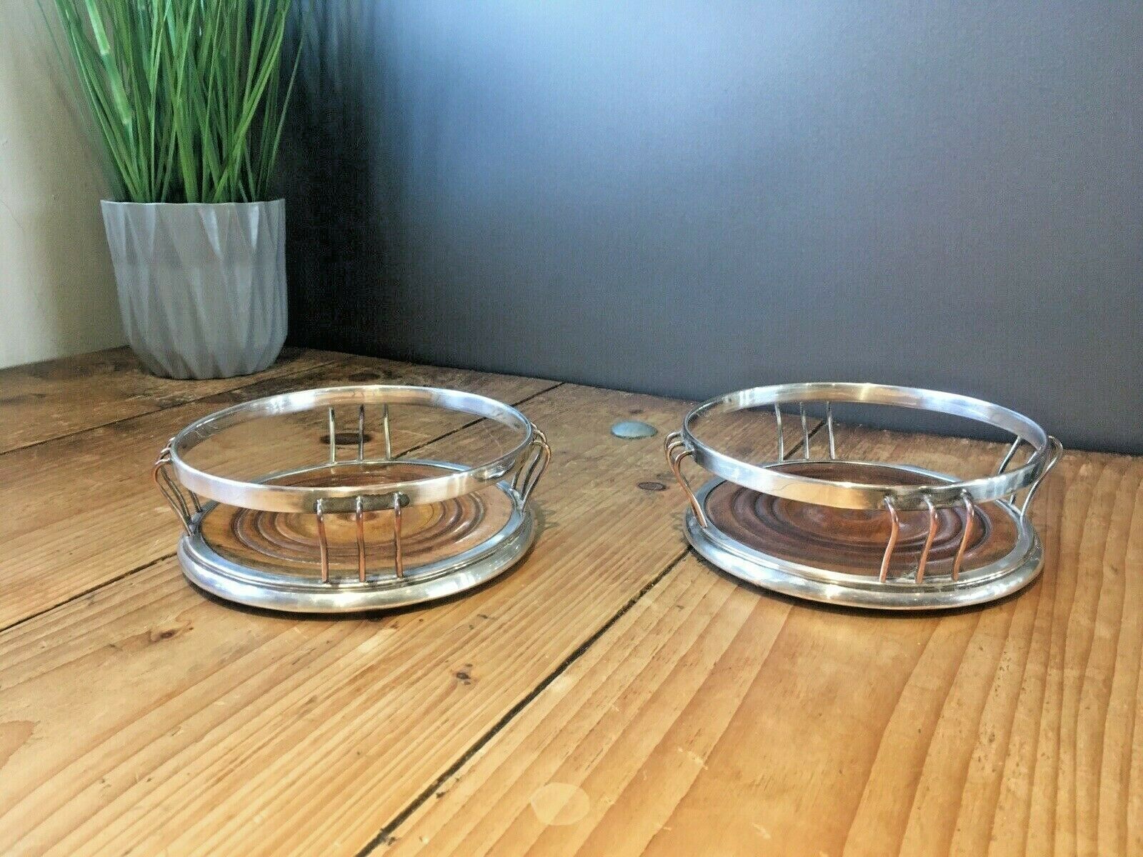 Pair Of Antique Georgian Silver Plated Copper Wire Champagne Wine Bottle Coaster photo vinterior