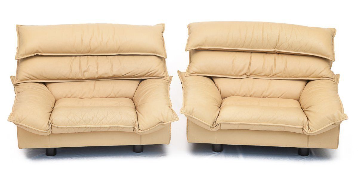 Duo Of Leather Armchairs By Bernard Massot, 1970
