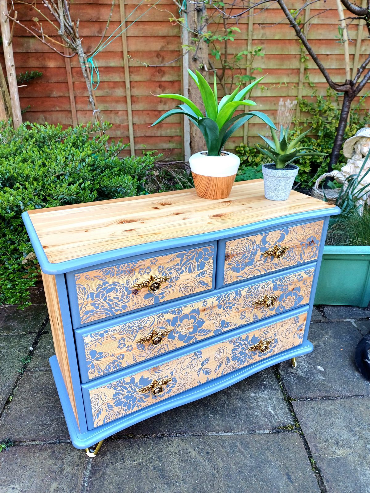 Upcycled Blue Pine Floral Chest Of Drawers