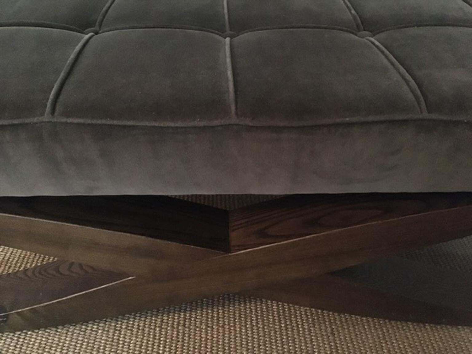 photo for sale Italy Grey Velvet Upholstered Coffee Table With Crossed Wood Legs