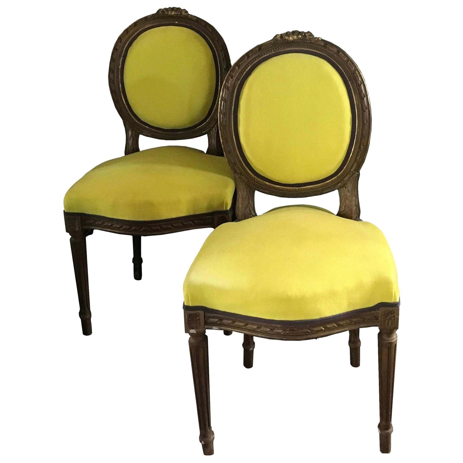 Mid 19th Century Pair French Provincial Wooden Chairs Yellow Linen