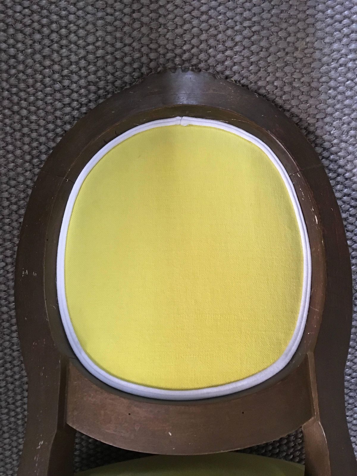 photo for sale Mid 19th Century Pair French Provincial Wooden Chairs Yellow Linen