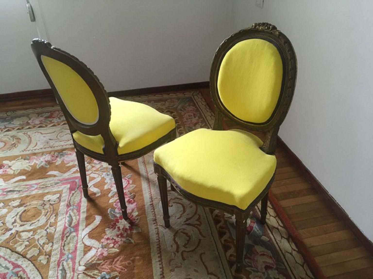 2552.0 Mid 19th Century Pair French Provincial Wooden Chairs Yellow Linen photo