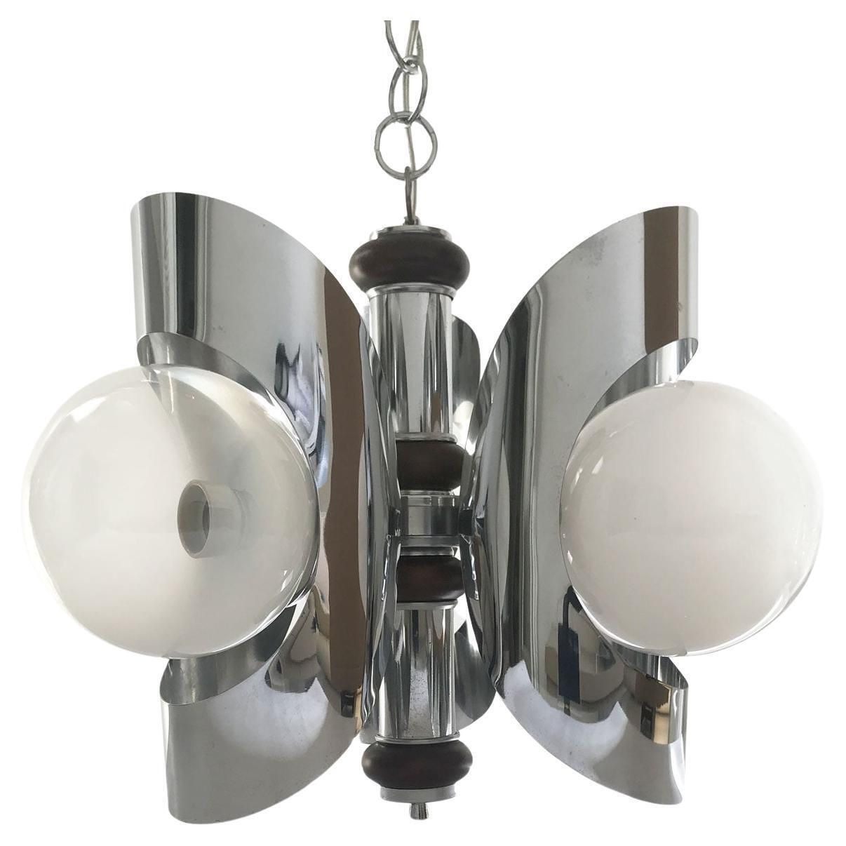 Italy 1970 Mid Century Modern Chandelier Metal Chrome And Glass