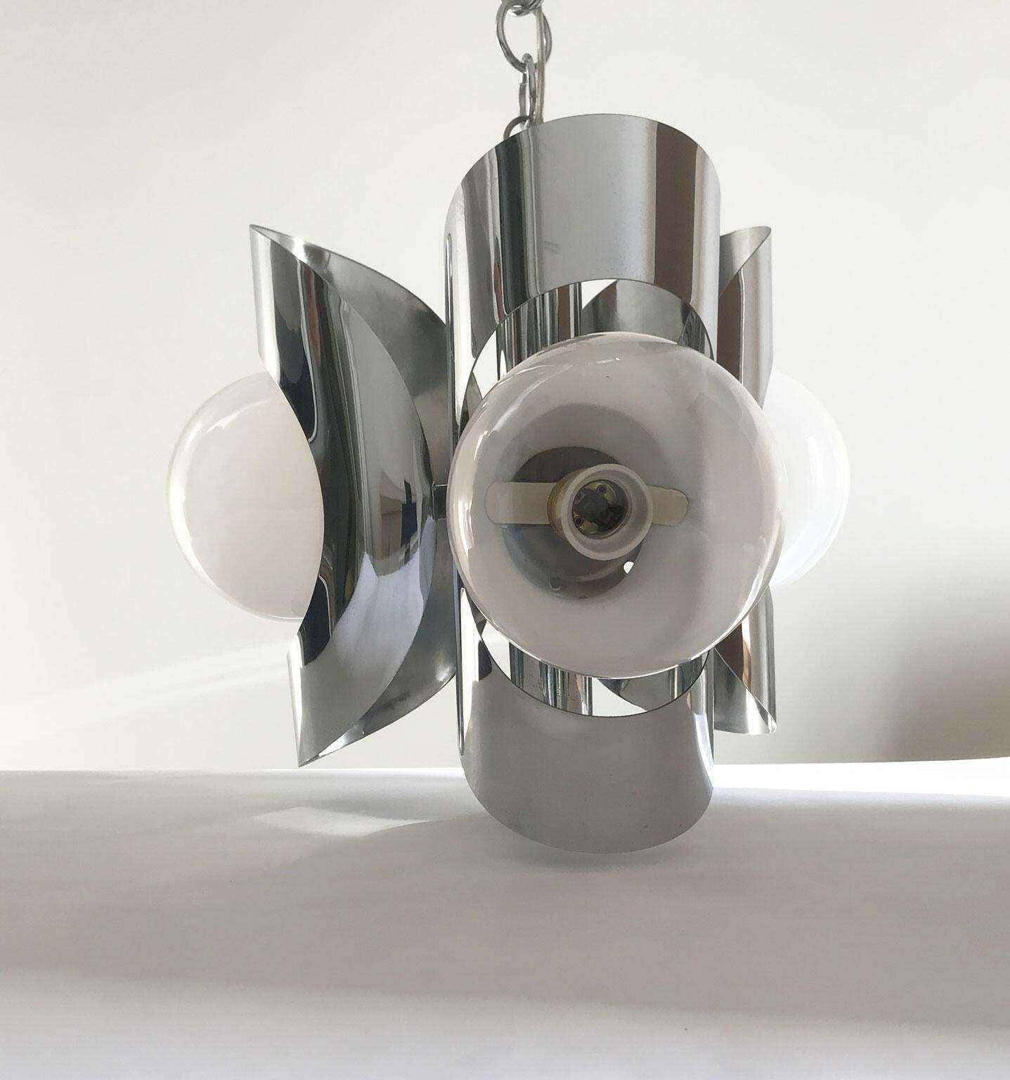 Italy 1970 Mid Century Modern Chandelier Metal Chrome And Glass photo Lighting