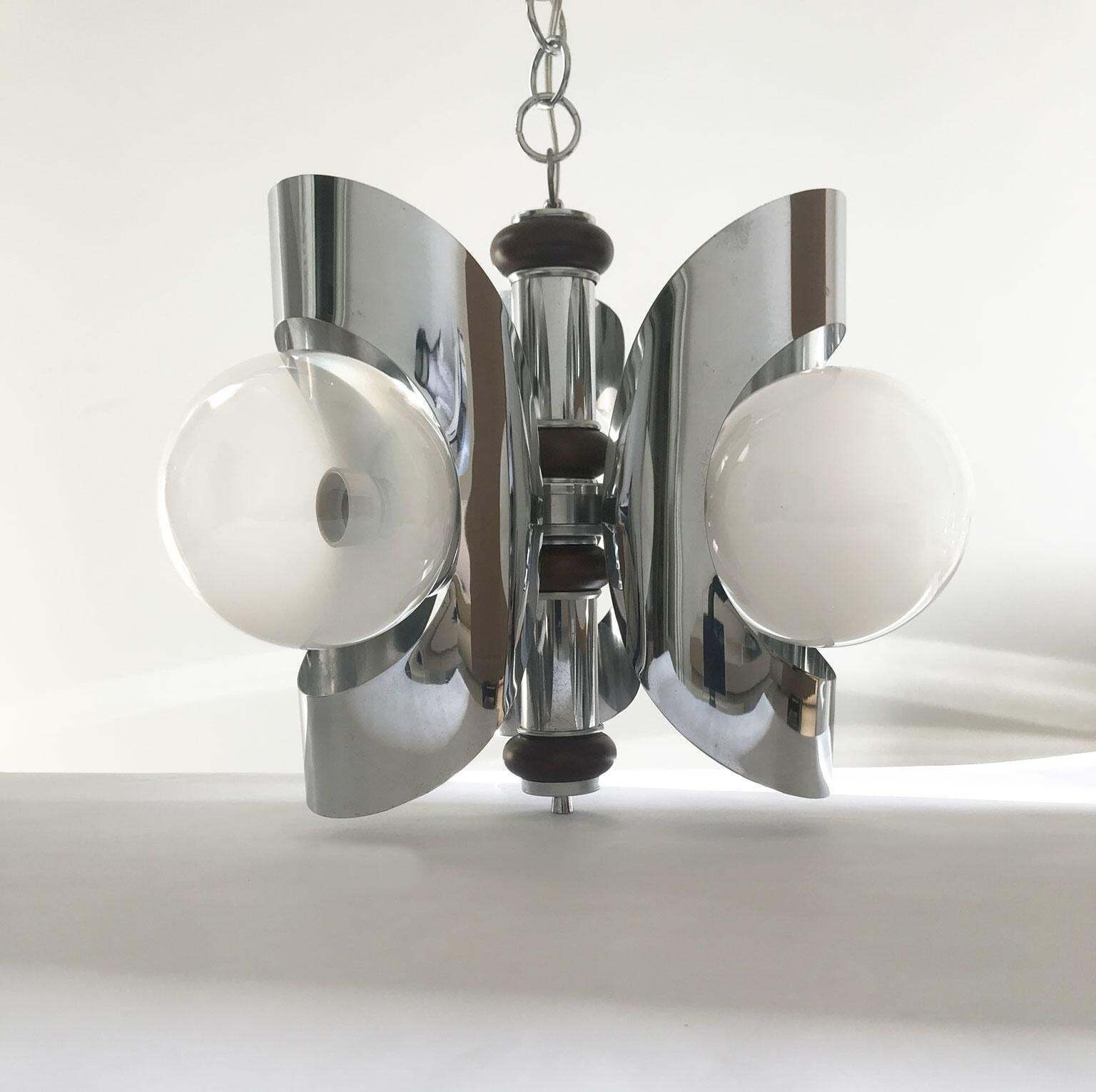 Italy 1970 Mid Century Modern Chandelier Metal Chrome And Glass photo 2127.0