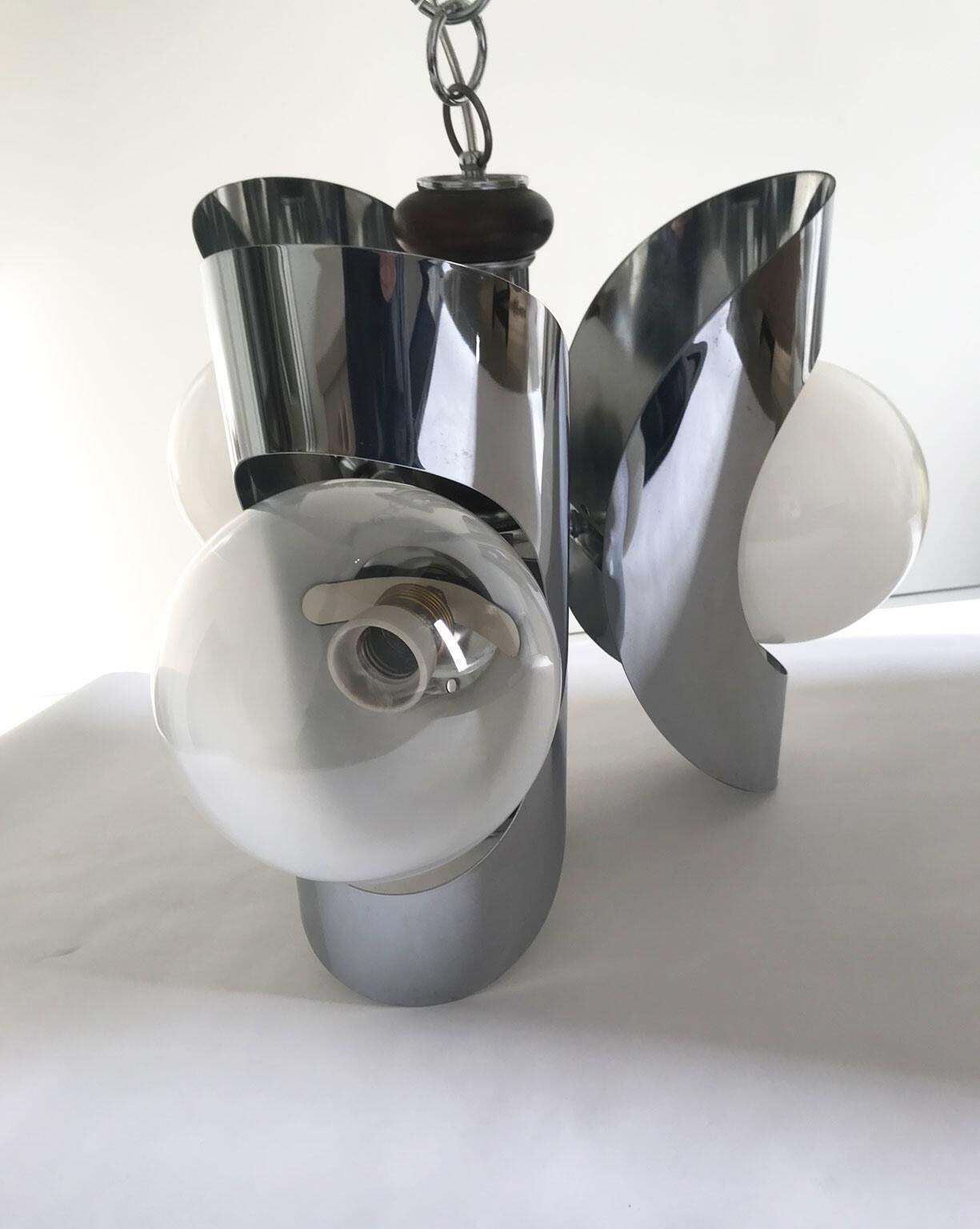 photo for sale Italy 1970 Mid Century Modern Chandelier Metal Chrome And Glass