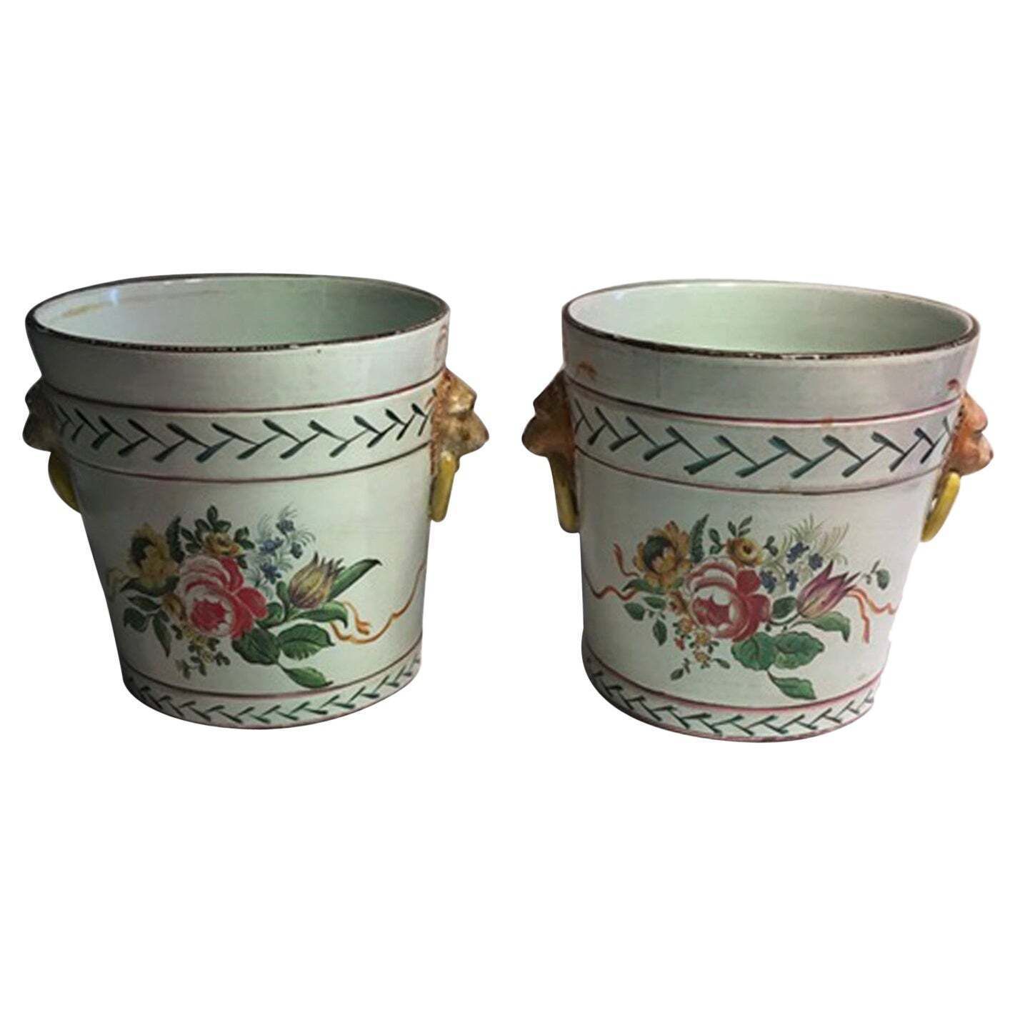 France Late 19th Century Pair Of Pottery Cache Pots With Flowers And Lions Heads