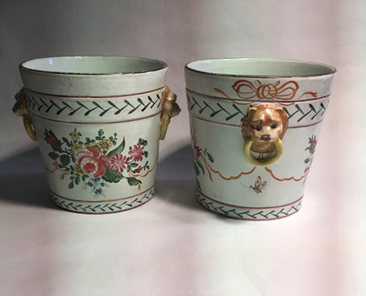 France Late 19th Century Pair Of Pottery Cache Pots With Flowers And Lions Heads photo Home Decor