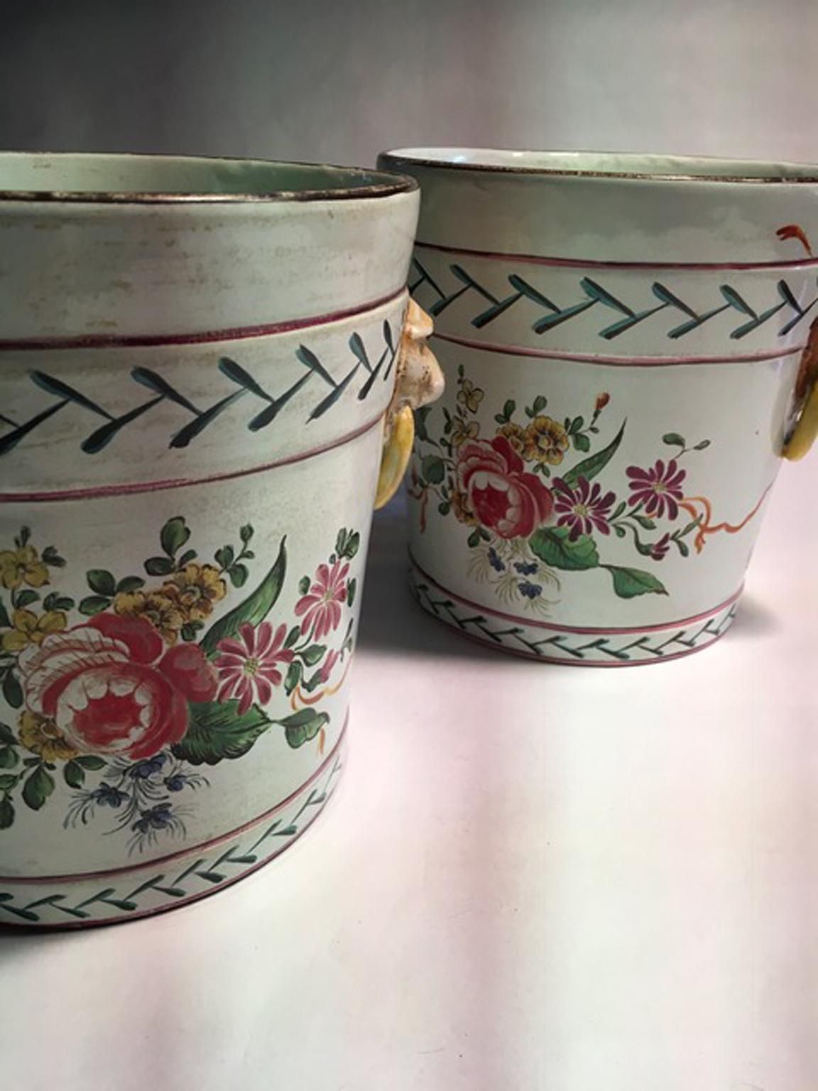 France Late 19th Century Pair Of Pottery Cache Pots With Flowers And Lions Heads photo buy