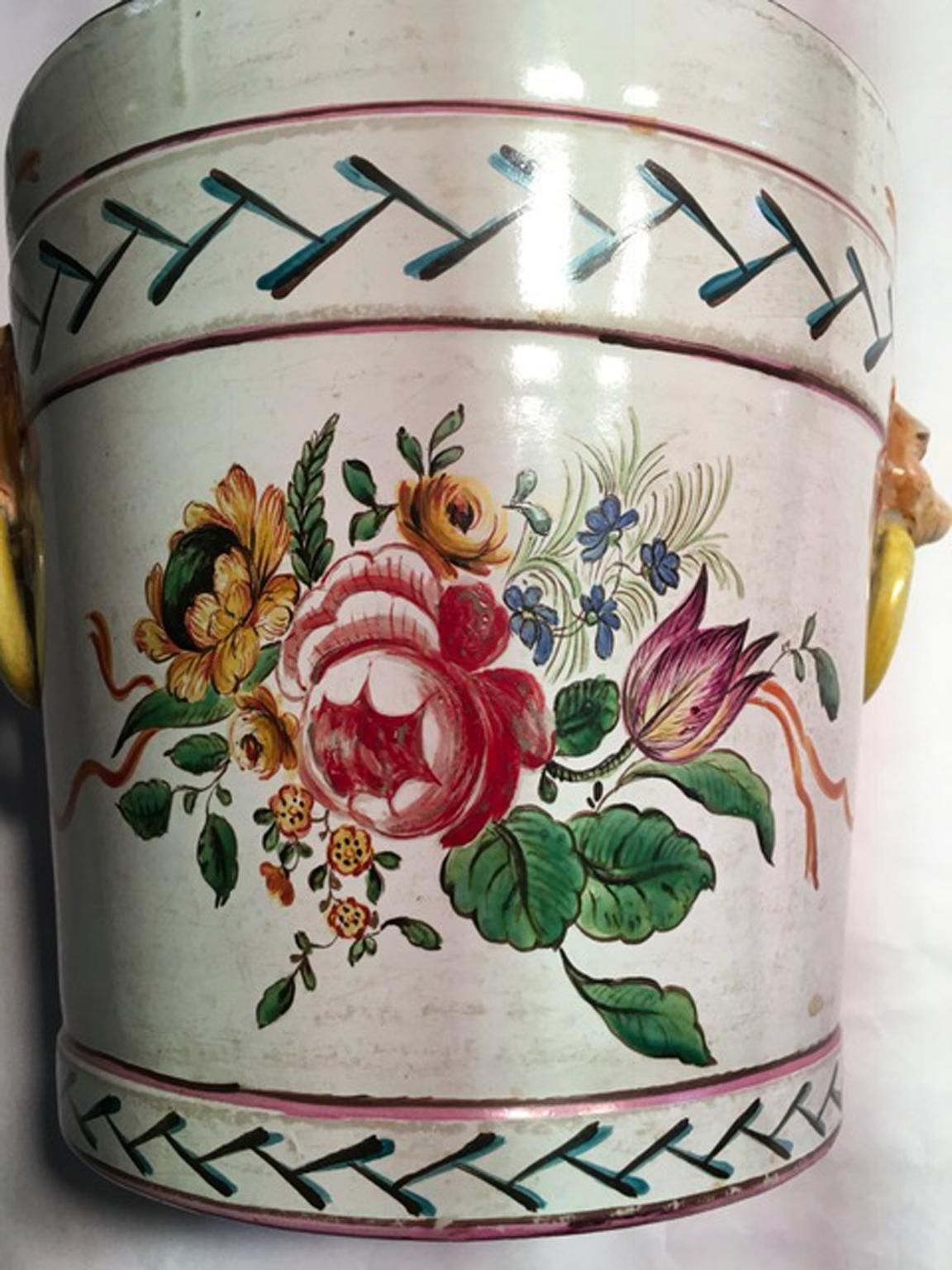 photo buy France Late 19th Century Pair Of Pottery Cache Pots With Flowers And Lions Heads