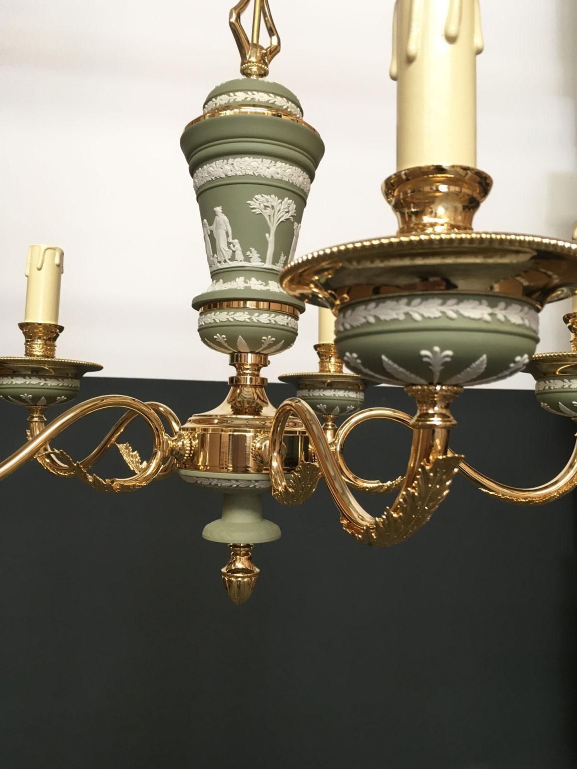 Italy 1970 Hollywood Regency Style Green Porcelain And Brass Chandelier 5 Lights photo Lighting
