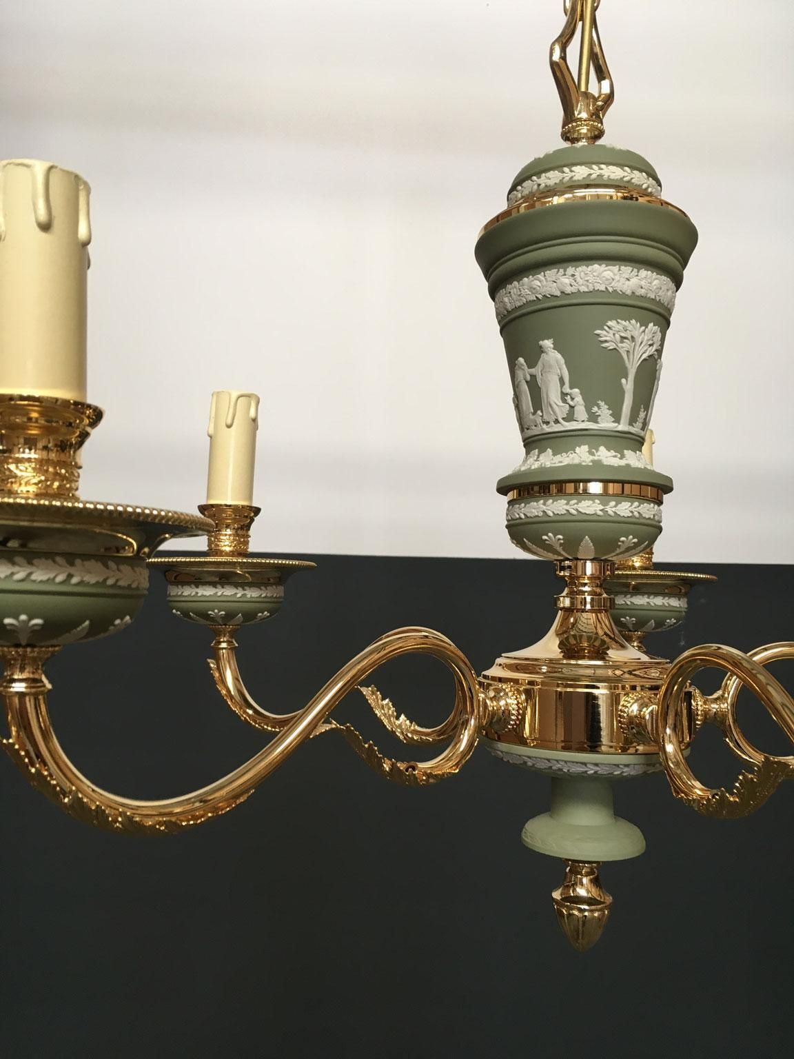 Italy 1970 Hollywood Regency Style Green Porcelain And Brass Chandelier 5 Lights photo 3318.0