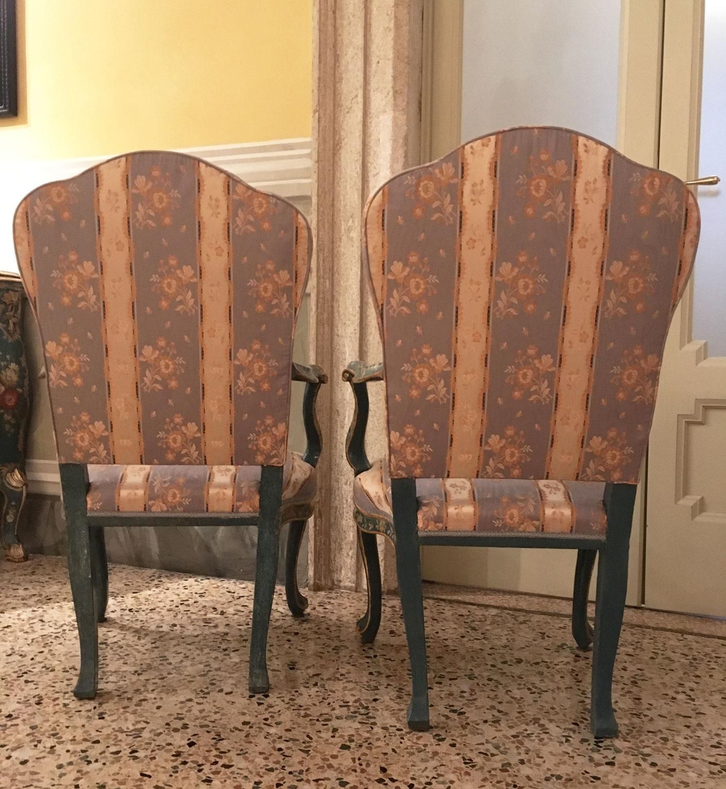 1750 Venezia Italy Set 4 Blue Lacquered Wooden Dining Armchairs With Flowers photo vintage