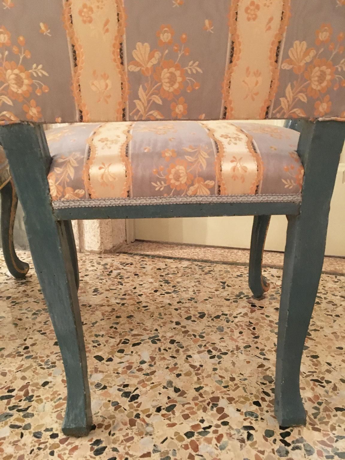 photo for sale 1750 Venezia Italy Set 4 Blue Lacquered Wooden Dining Armchairs With Flowers