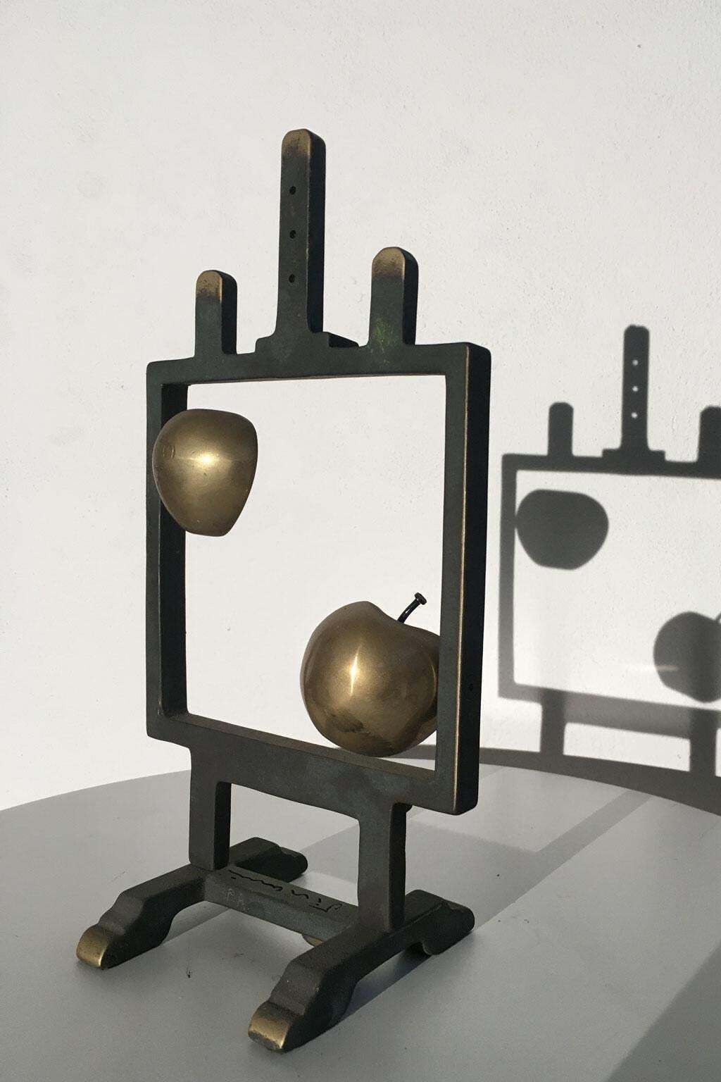 1976 Italy Bronze Abstract Sculpture By Vanni Viviani Easel With Two Half Apples photo vintage