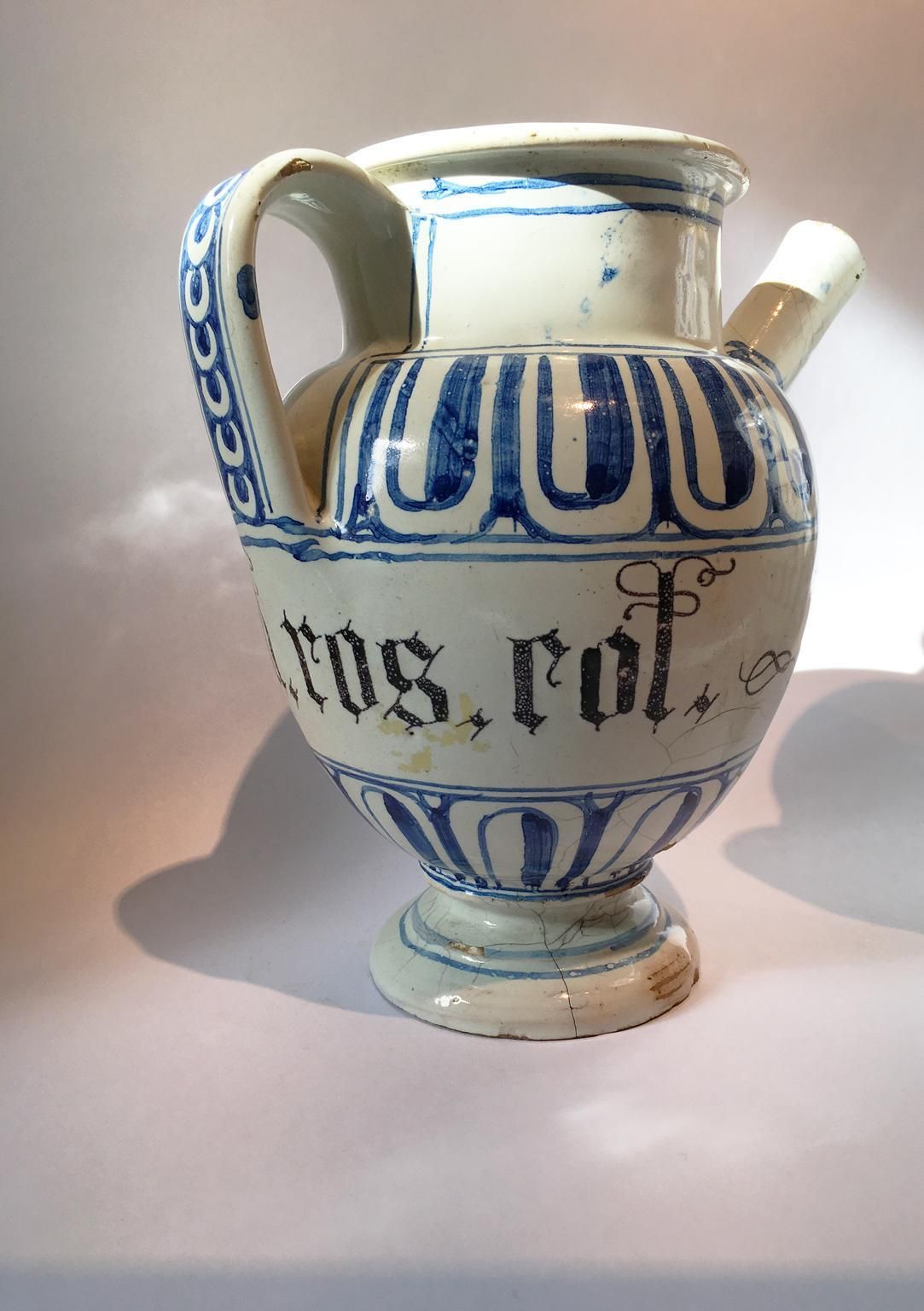 Italy Mid 18th Century Pair Of Ceramic Carafes In White And Blue For Pharmacy photo for sale