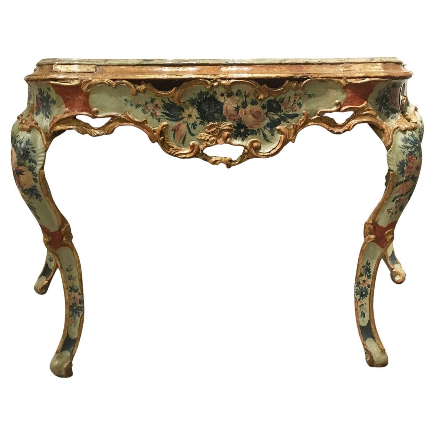 1750 Venezia Wooden Light Blue And Green Lacquered Engraved Console With Flowers