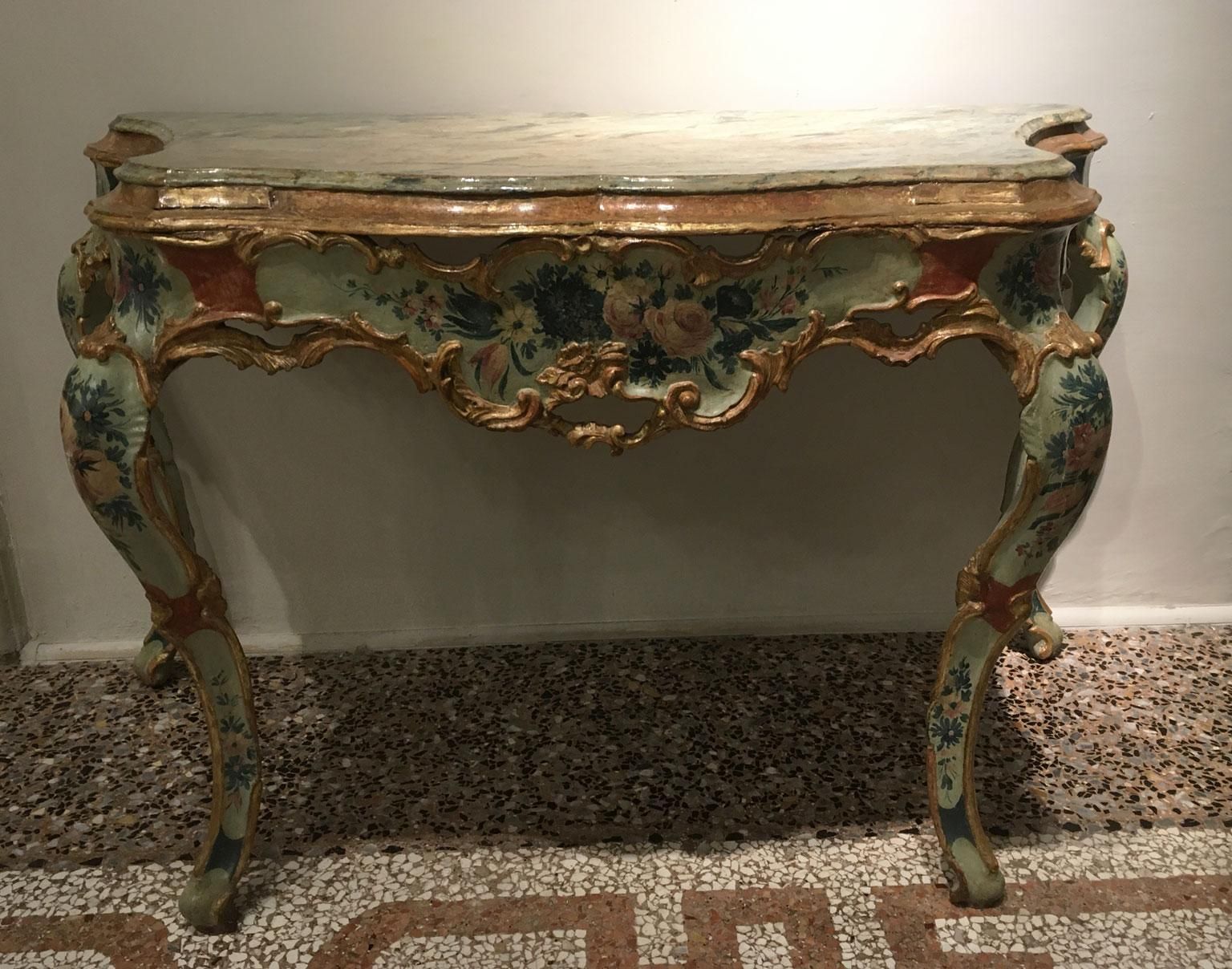 1750 Venezia Wooden Light Blue And Green Lacquered Engraved Console With Flowers photo furniture