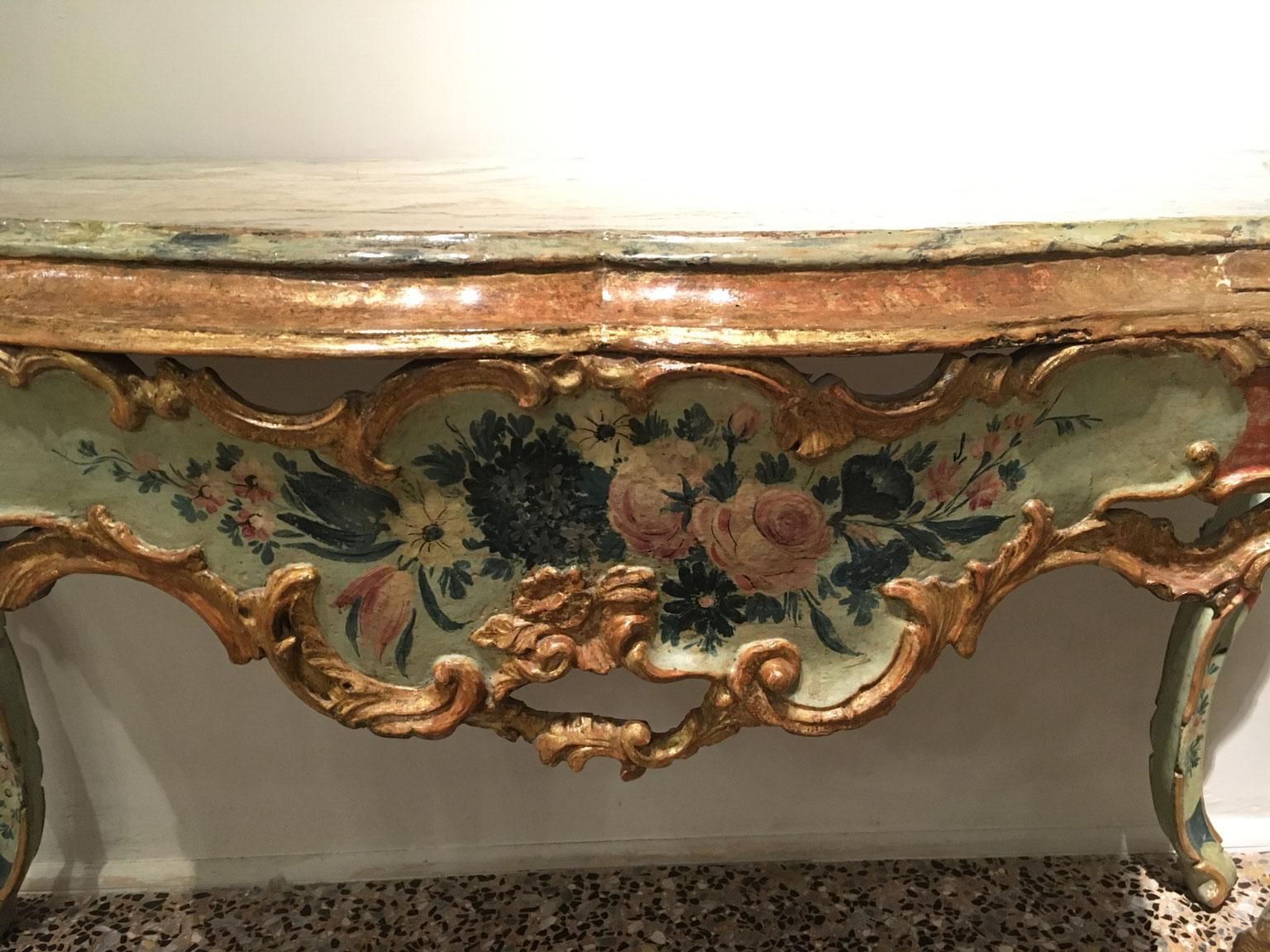 1750 Venezia Wooden Light Blue And Green Lacquered Engraved Console With Flowers photo Furniture